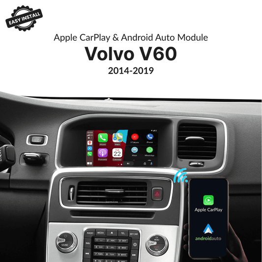 Volvo V60 2014-2019 CarPlay & Android Auto Module with OEM screen integration and wireless connectivity shown in dashboard setup.