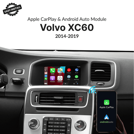 Volvo XC60 2014-2019 CarPlay & Android Auto Module with OEM screen integration shown in dashboard setup. Easy install for wireless connectivity.