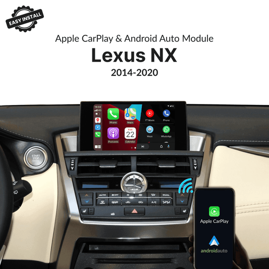 Lexus NX 2014-2020 CarPlay & Android Auto Module with wireless connectivity shown on OEM screen, easy install highlighted.
