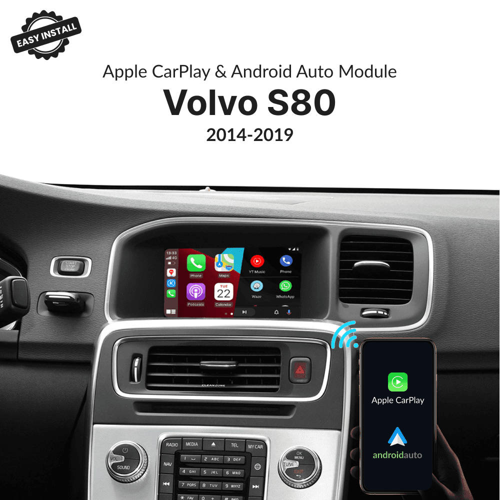Volvo S80 2014-2019 CarPlay & Android Auto Module installed on OEM screen, showing wireless Apple CarPlay interface in vehicle dashboard.