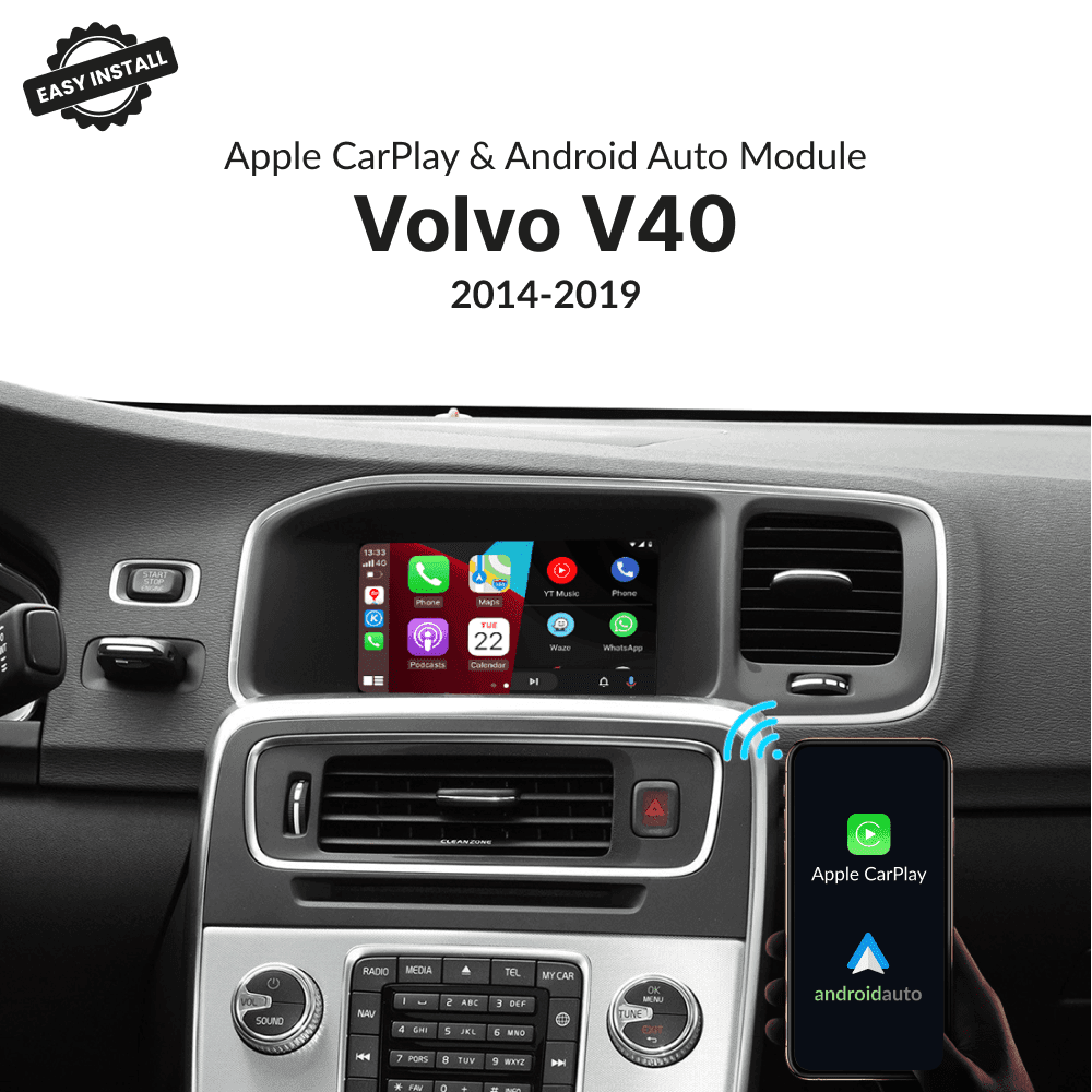 Volvo V40 2014-2019 CarPlay & Android Auto Module installed on OEM screen with wireless connectivity and easy install badge.