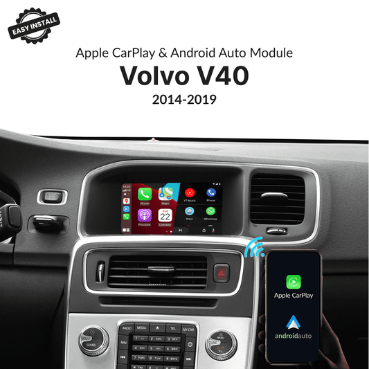 Volvo V40 2014-2019 CarPlay & Android Auto Module installed on OEM screen with wireless connectivity and easy install badge.
