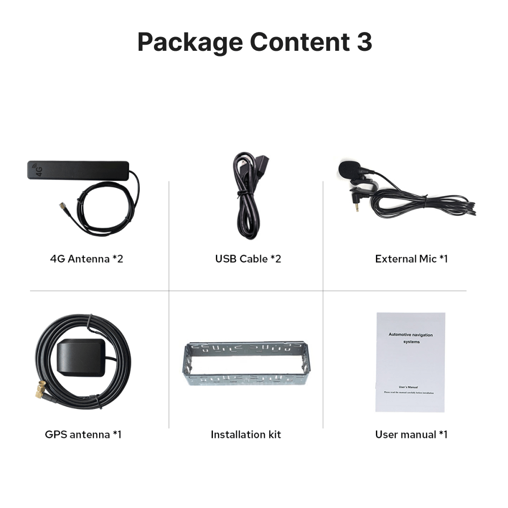 Complete accessory kit for the 10.1” Android Head Unit including antennas, USB cables, mic, GPS, installation kit, and user manual.