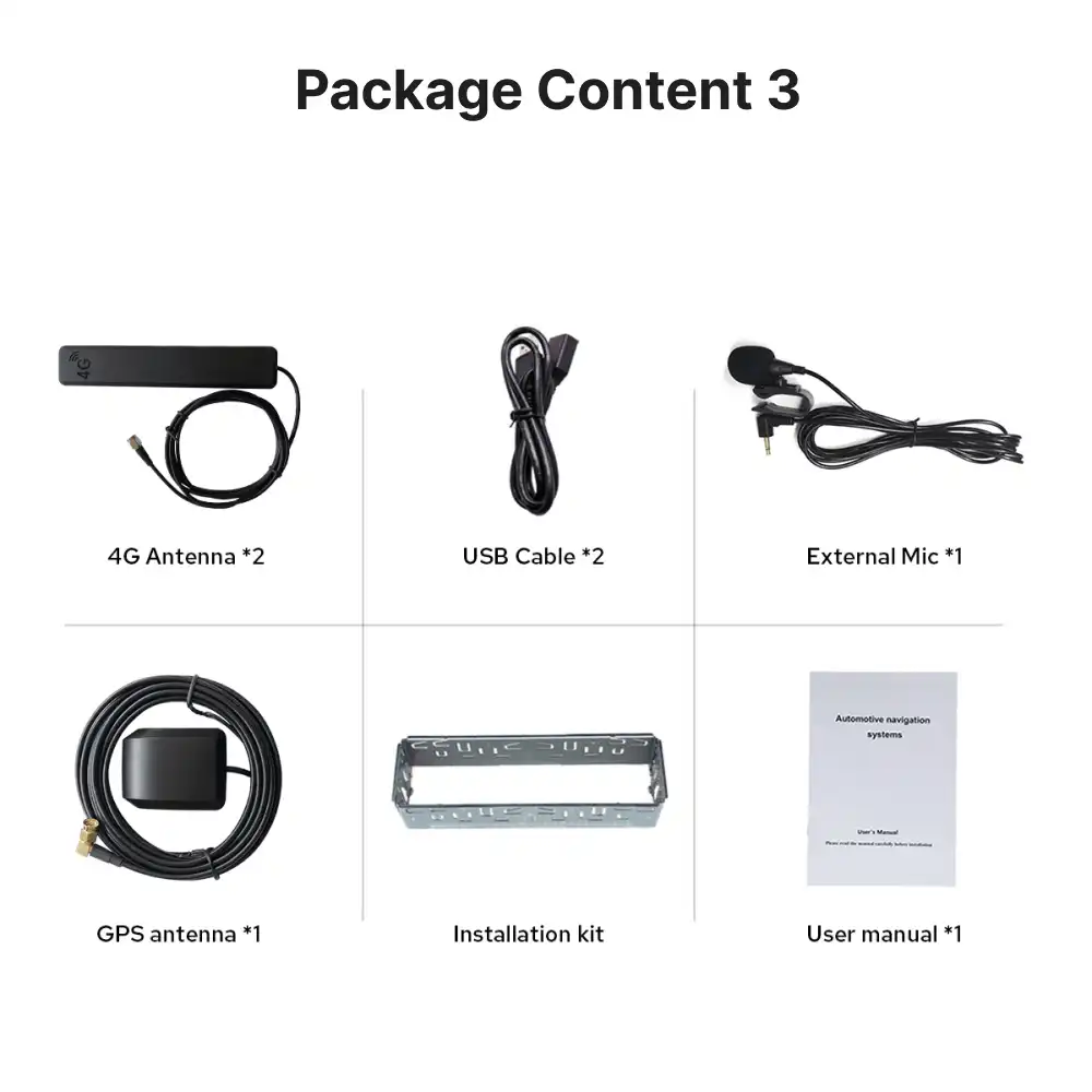 Package contents of Android Head Unit including 4G antennas, USB cables, GPS antenna, external mic, installation kit, and user manual.
