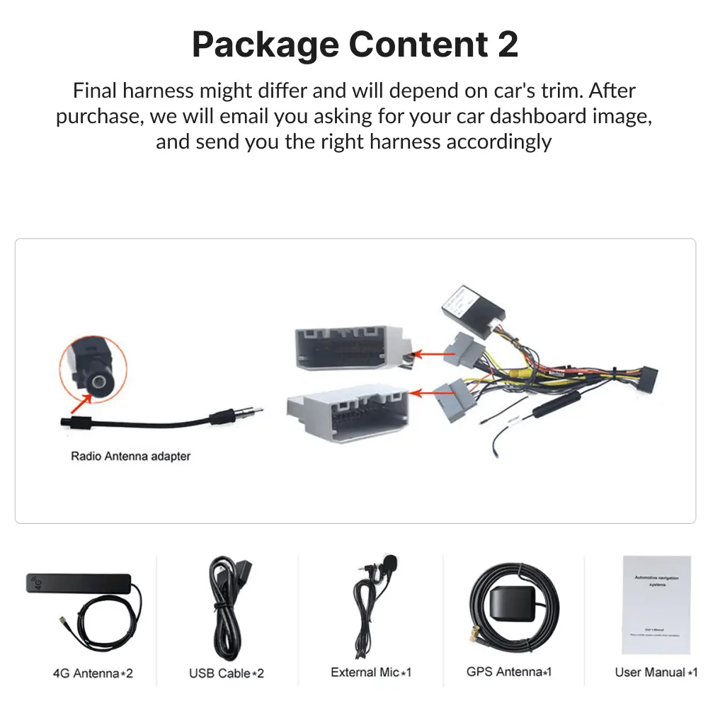 Complete package contents for Jeep Wrangler 2007-2013 Android Head Unit including antennas, cables, mic, GPS, and manual.