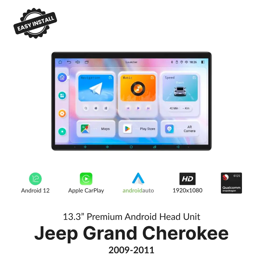 Jeep Grand Cherokee 2009-2011 13.3” CarPlay Android Head Unit with Android 12, wireless CarPlay, Android Auto, and 1920x1080 display.
