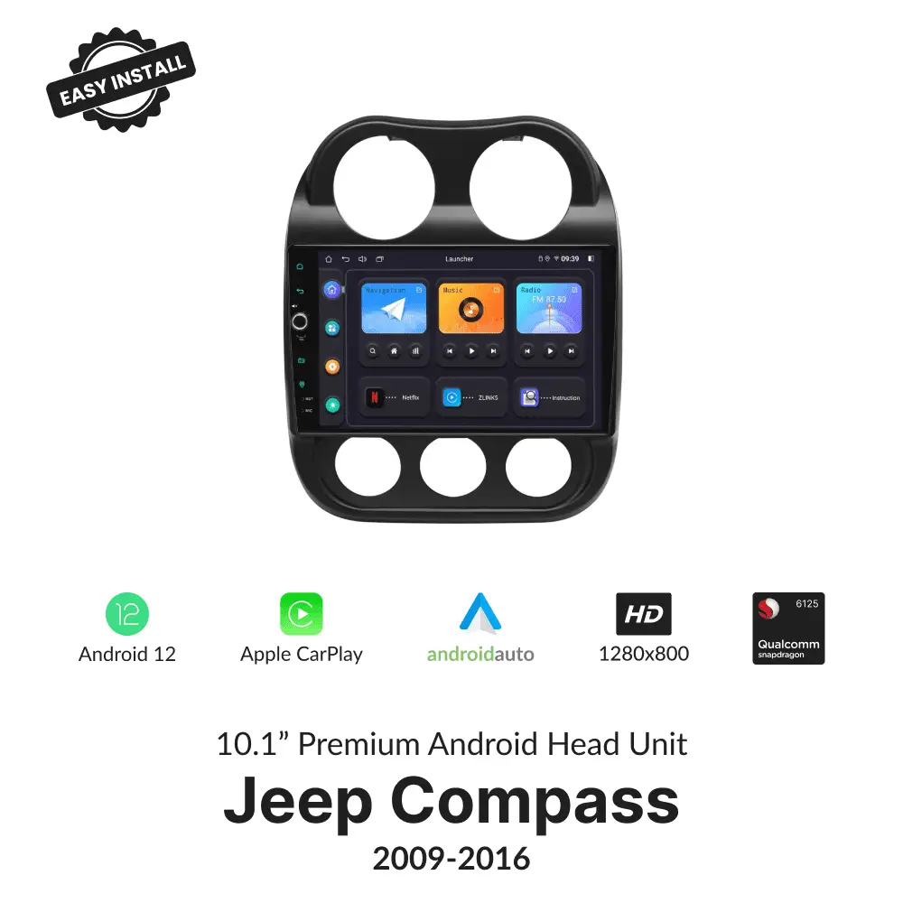Jeep Compass 2009-2016 10.1” Wireless CarPlay Android Head Unit with HD touchscreen, Android 12, and Qualcomm processor for easy install.