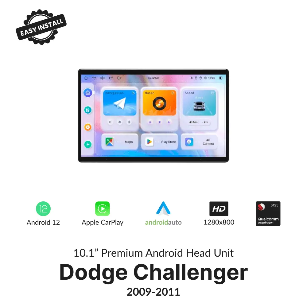 Dodge Challenger 2009-2011 10.1” Wireless CarPlay Android Head Unit with HD display, Android 12, and Qualcomm processor.