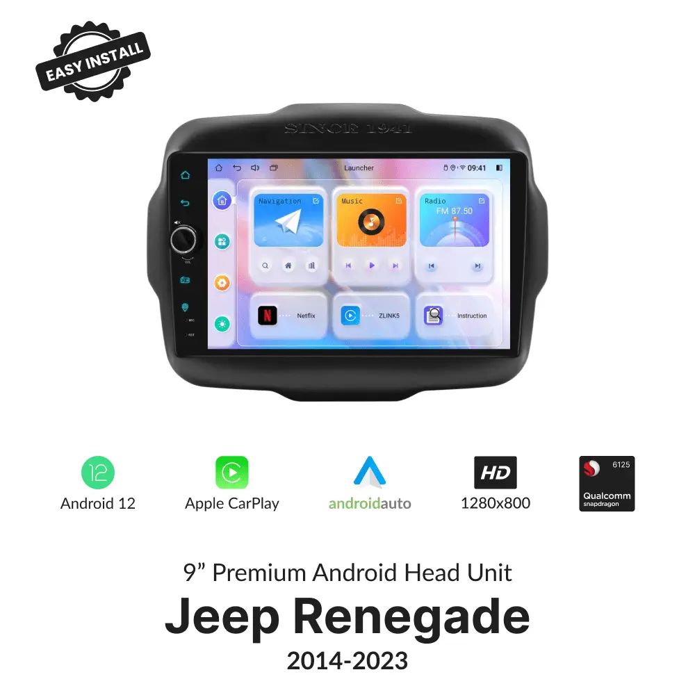 Jeep Renegade 2014-2023 9” Wireless CarPlay Android Head Unit with HD display, Android 12, and Qualcomm processor for seamless in-car entertainment.