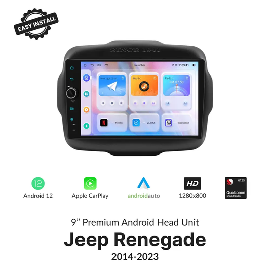 Jeep Renegade 2014-2023 9” Wireless CarPlay Android Head Unit with HD display, Android 12, and Qualcomm processor for seamless in-car entertainment.