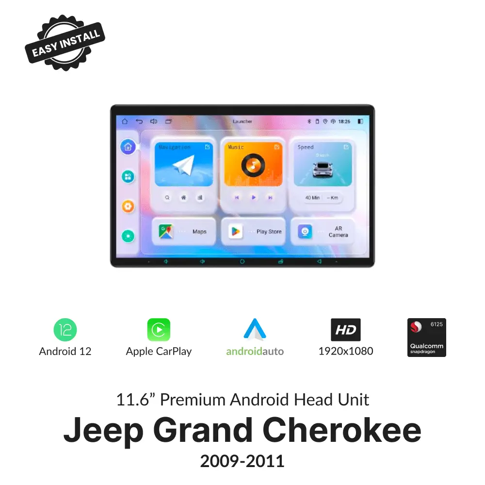 Jeep Grand Cherokee 2009-2011 11.6” CarPlay Android Head Unit with Android 12, wireless Apple CarPlay, Android Auto, and HD display.