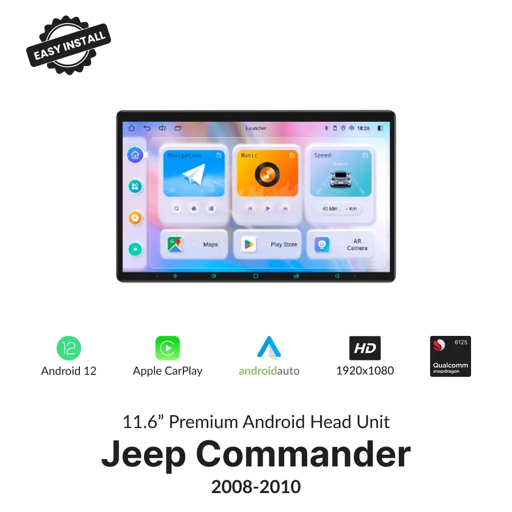 Jeep Commander 2008-2010 11.6” wireless CarPlay Android head unit with HD touchscreen and Android 12 interface for seamless in-car entertainment.