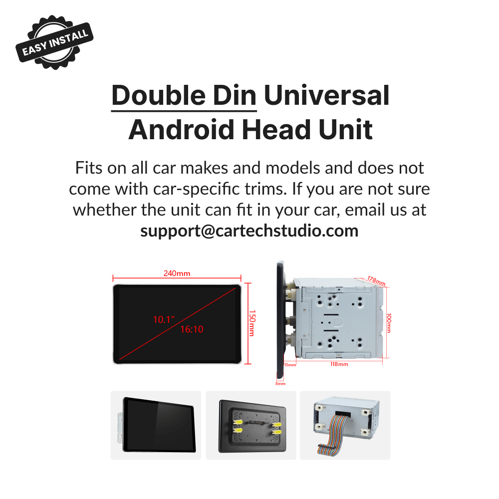 Universal 10.1” Double Din Android Head Unit dimensions and side profile, fits most vehicles with easy install and adjustable screen depth.