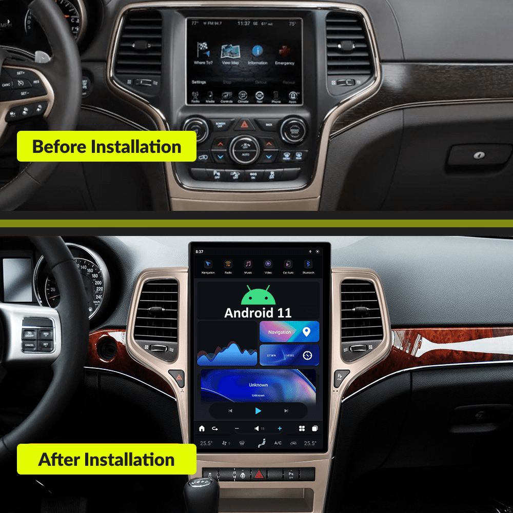 Before and after installation comparison of Tesla-Style CarPlay screen in Jeep Grand Cherokee 2010-2013, showcasing upgraded Android 11 interface.
