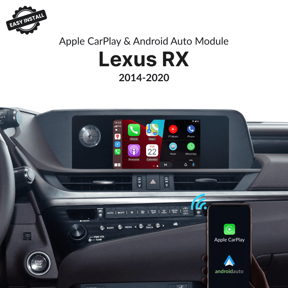 Wireless CarPlay & Android Auto Module for Lexus RX 2014-2020 shown on dashboard with Android Auto interface and easy install label.