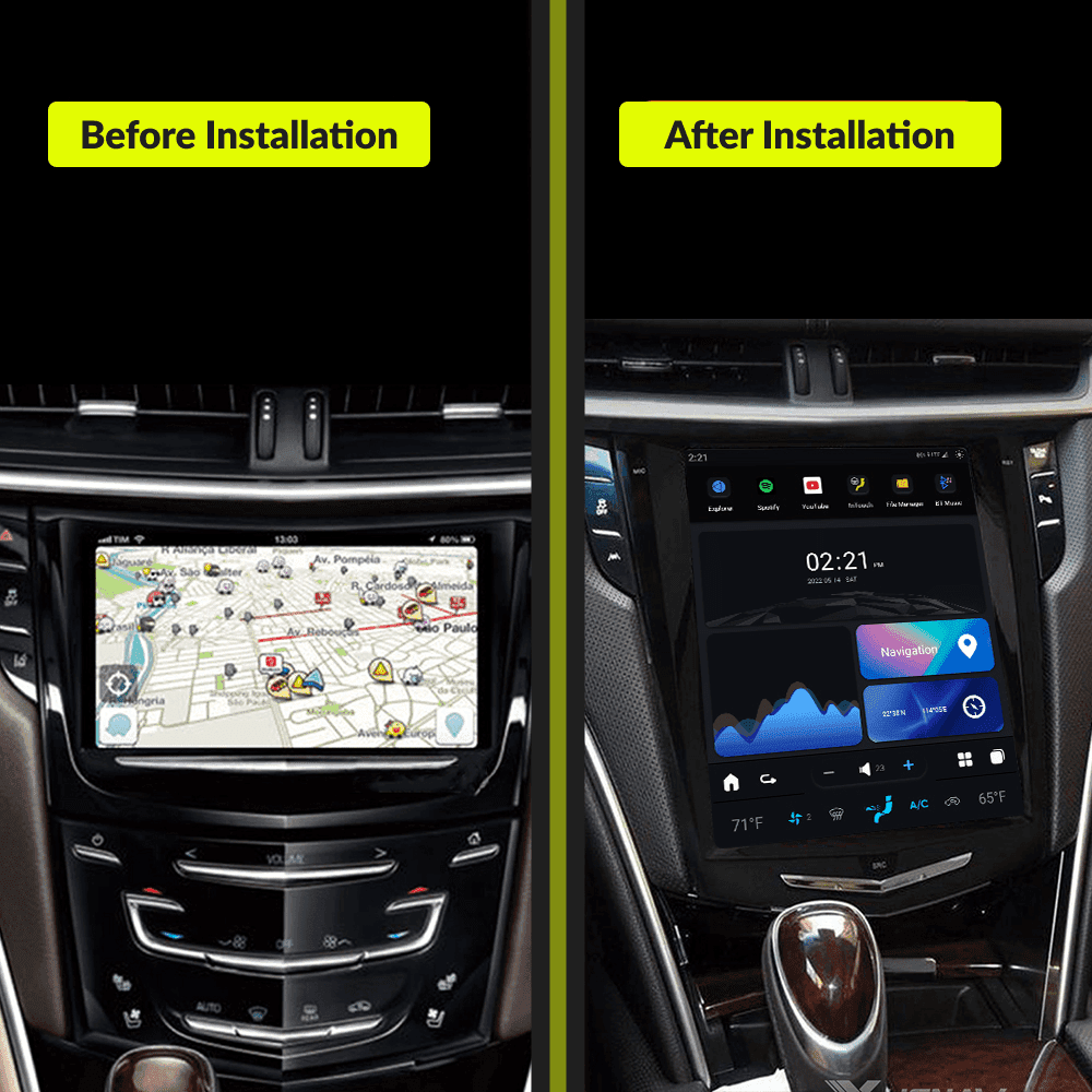 Before and after installation comparison of Tesla-Style CarPlay screen in Cadillac ATS 2013-2018, showcasing upgraded 10.5-inch touchscreen interface.