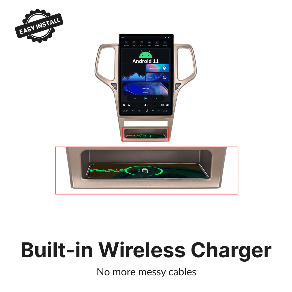 Tesla-Style CarPlay screen for Jeep Grand Cherokee 2010-2013 featuring built-in wireless charger for cable-free smartphone charging.