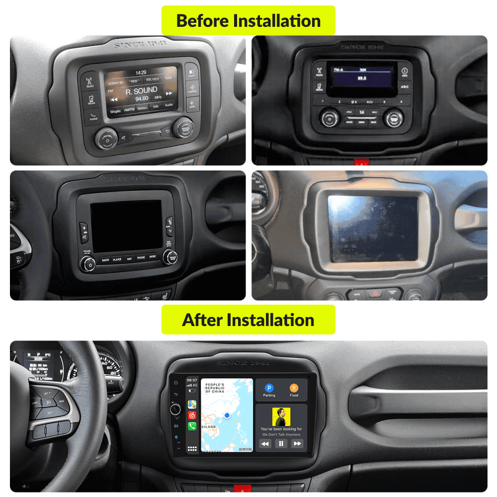 Before and after installation comparison of 9” Wireless CarPlay Android Head Unit in Jeep Renegade 2014-2023, showing dashboard upgrade transformation.