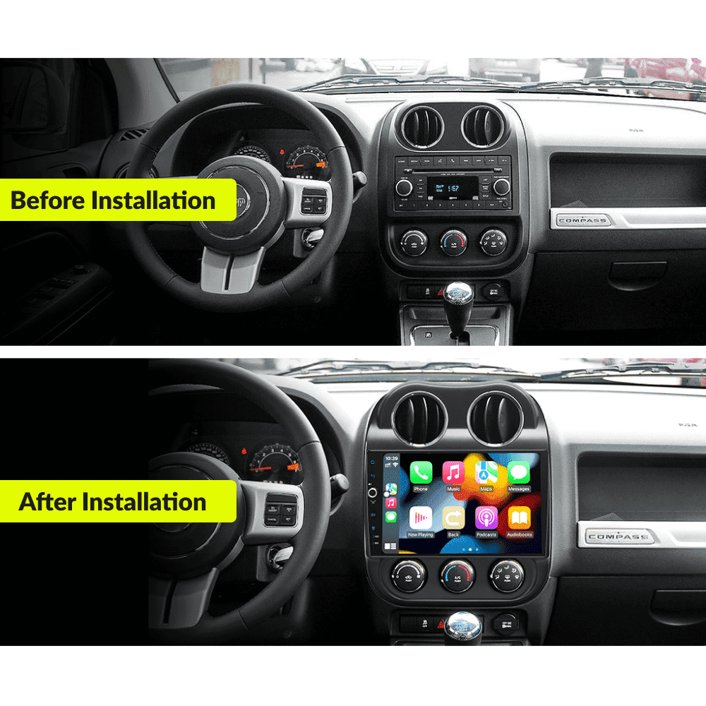 Before and after installation of 10.1” Premium Android Head Unit in Jeep Compass 2009-2016, showing upgraded dashboard with CarPlay display.