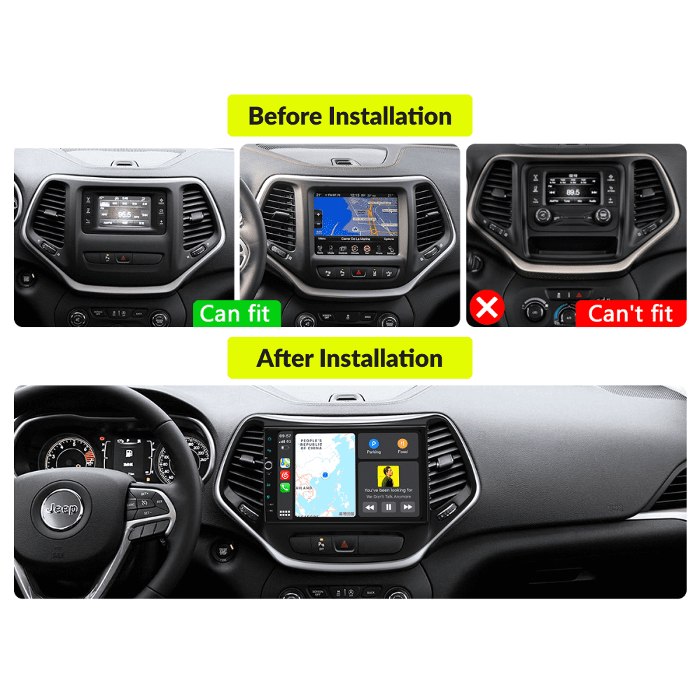 Before and after installation comparison of 10.1” Premium Android Head Unit in Jeep Cherokee 2014-2023, showing compatibility and upgraded interface.
