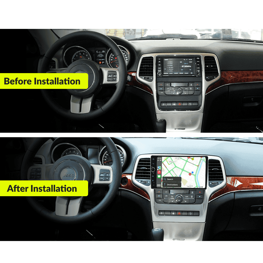Before and after installation comparison of 9” Wireless CarPlay Android Head Unit in Jeep Grand Cherokee 2011-2013 dashboard.