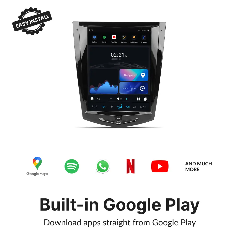 Cadillac SRX 2013-2018 Tesla-Style CarPlay screen with built-in Google Play, supporting apps like Google Maps, Spotify, Netflix, and YouTube.