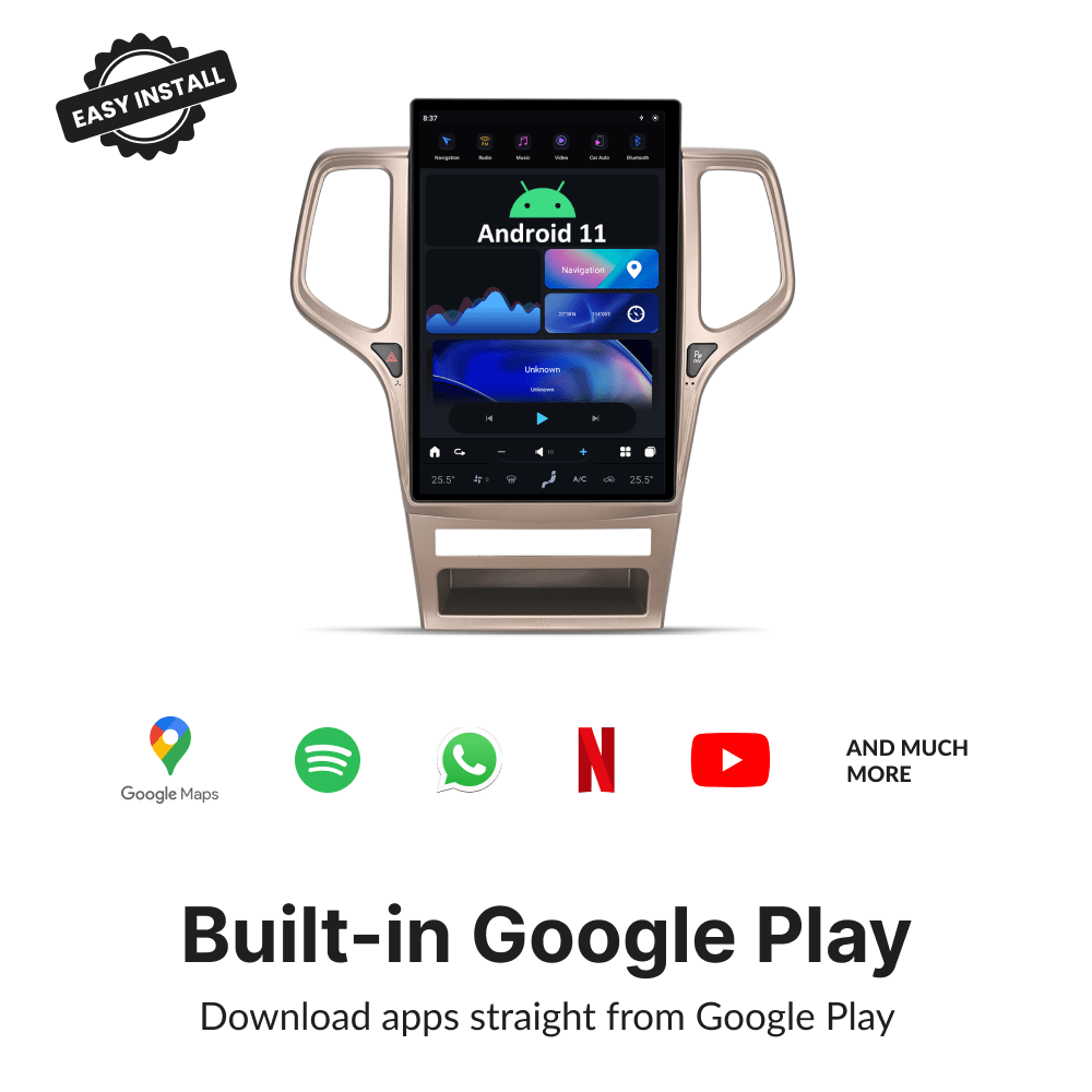 Tesla-Style CarPlay screen for Jeep Grand Cherokee 2010-2013 with built-in Google Play access for apps like Google Maps, Spotify, Netflix, and YouTube.