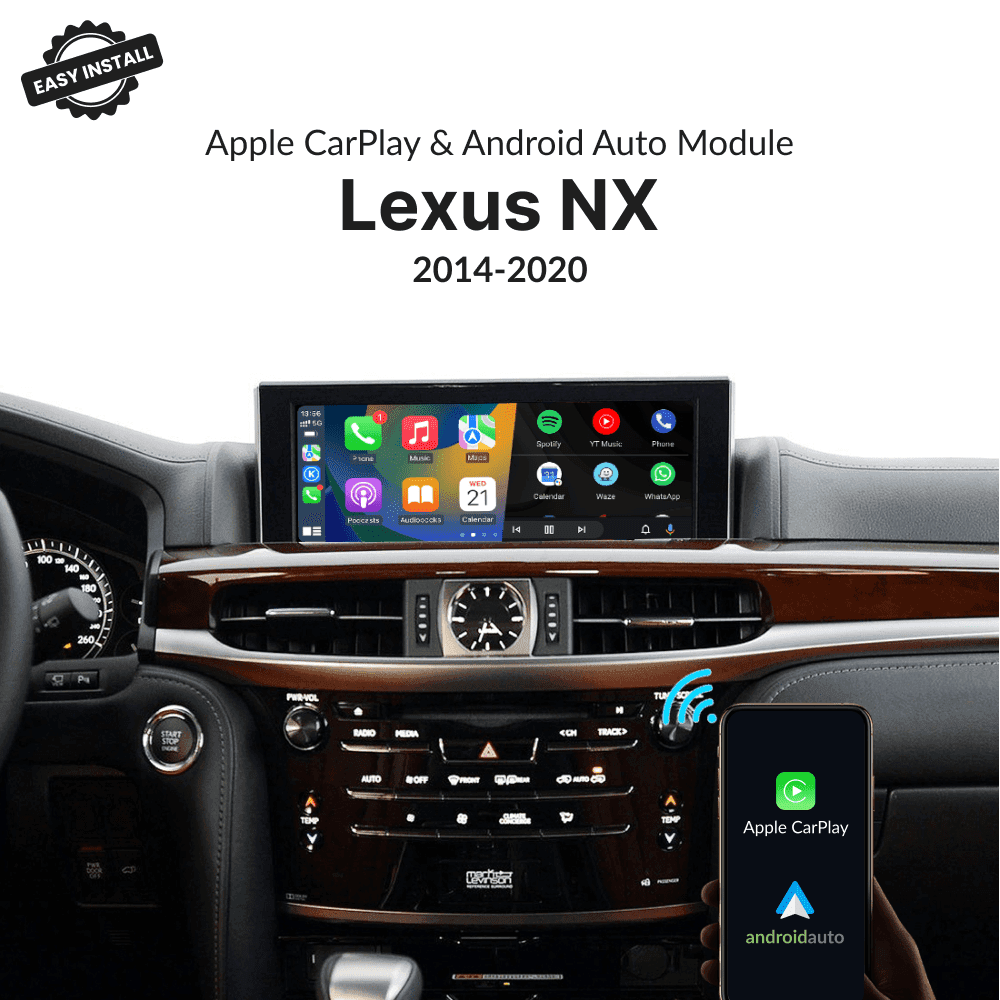 Wireless CarPlay & Android Auto Module for Lexus NX 2014-2020 displayed on OEM screen with smartphone integration.