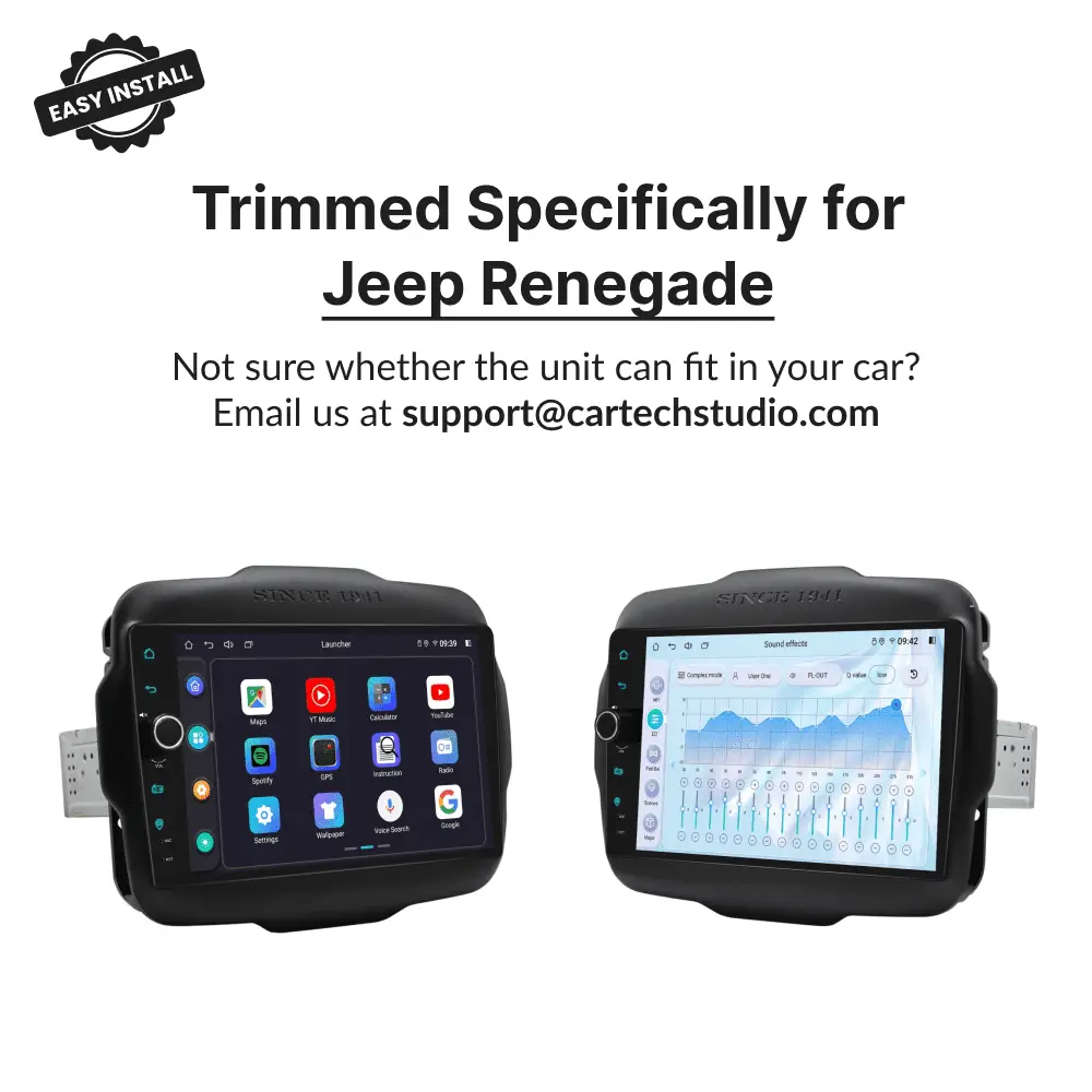 Trimmed 9” Wireless CarPlay Android Head Unit designed for Jeep Renegade 2014-2023, showcasing perfect fit and dual-screen interface options.