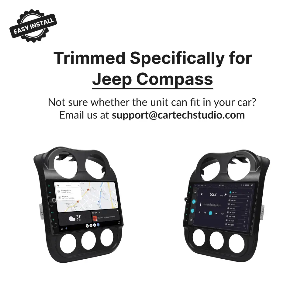 Custom-trimmed 10.1” Android Head Unit for Jeep Compass 2009-2016, designed for perfect fit and seamless dashboard integration.