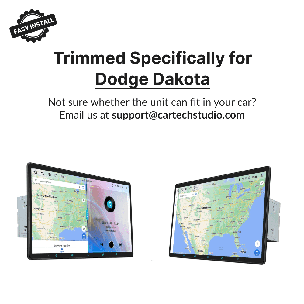 Custom-trimmed 15.1” Android Auto Head Unit for Dodge Dakota 2009-2011 with dual side views showing compatibility and easy installation.