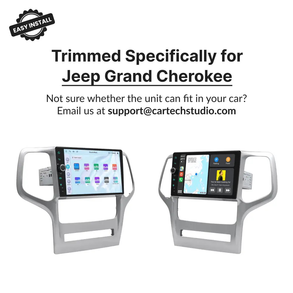 Trimmed 9” Android Head Unit designed for Jeep Grand Cherokee 2011-2013, showing dual screen views and easy install label.