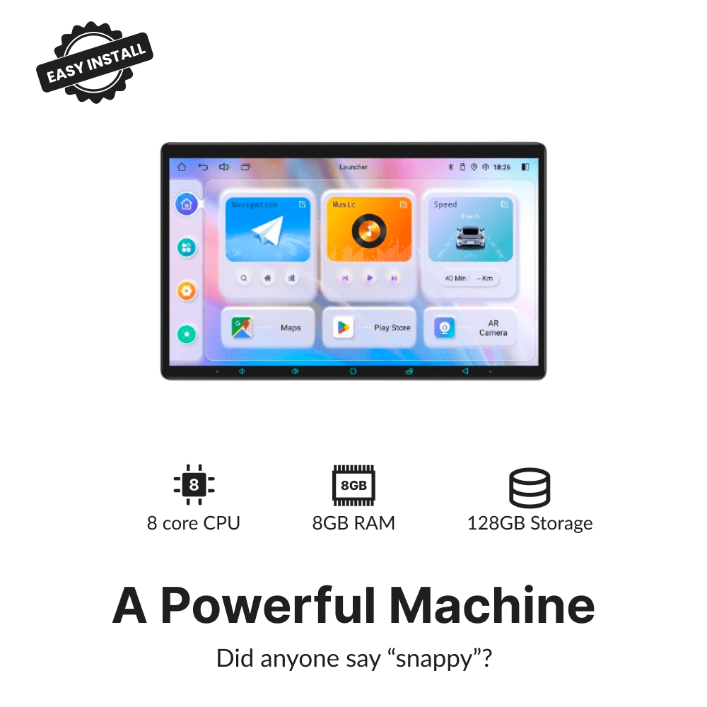 Powerful 10.1” Android Head Unit Double Din with 8-core CPU, 8GB RAM, and 128GB storage for fast performance and multitasking.