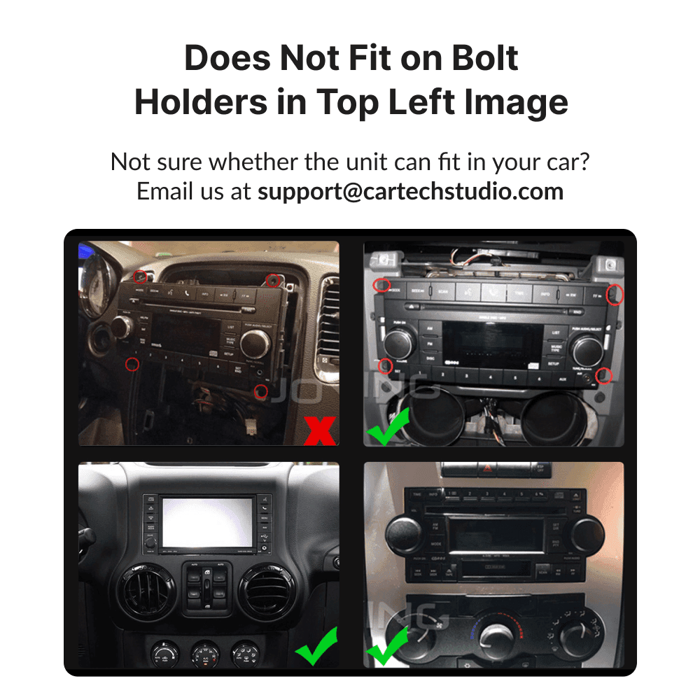 Compatibility guide for Dodge Caliber 2009-2011 Android Head Unit, showing correct and incorrect bolt holder placements for installation.