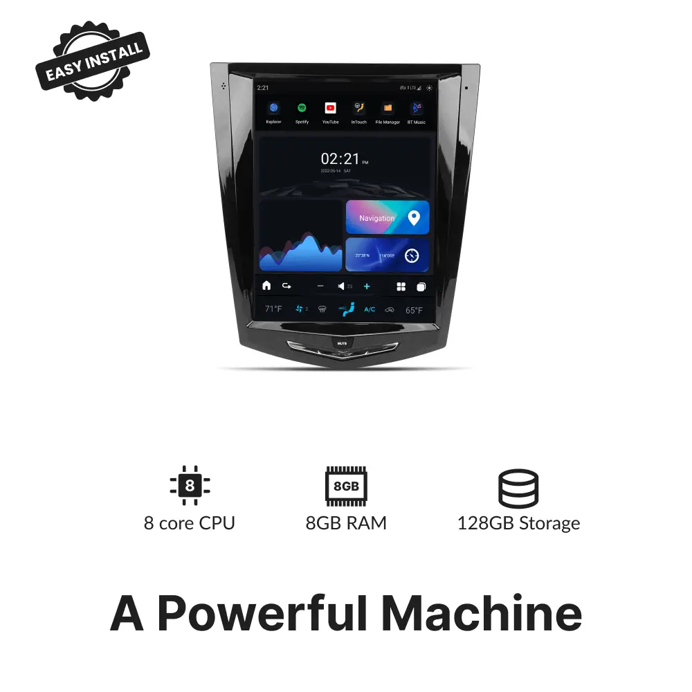 Powerful Tesla-Style screen for Cadillac XTS 2013-2018 featuring 8-core CPU, 8GB RAM, and 128GB storage for seamless performance.