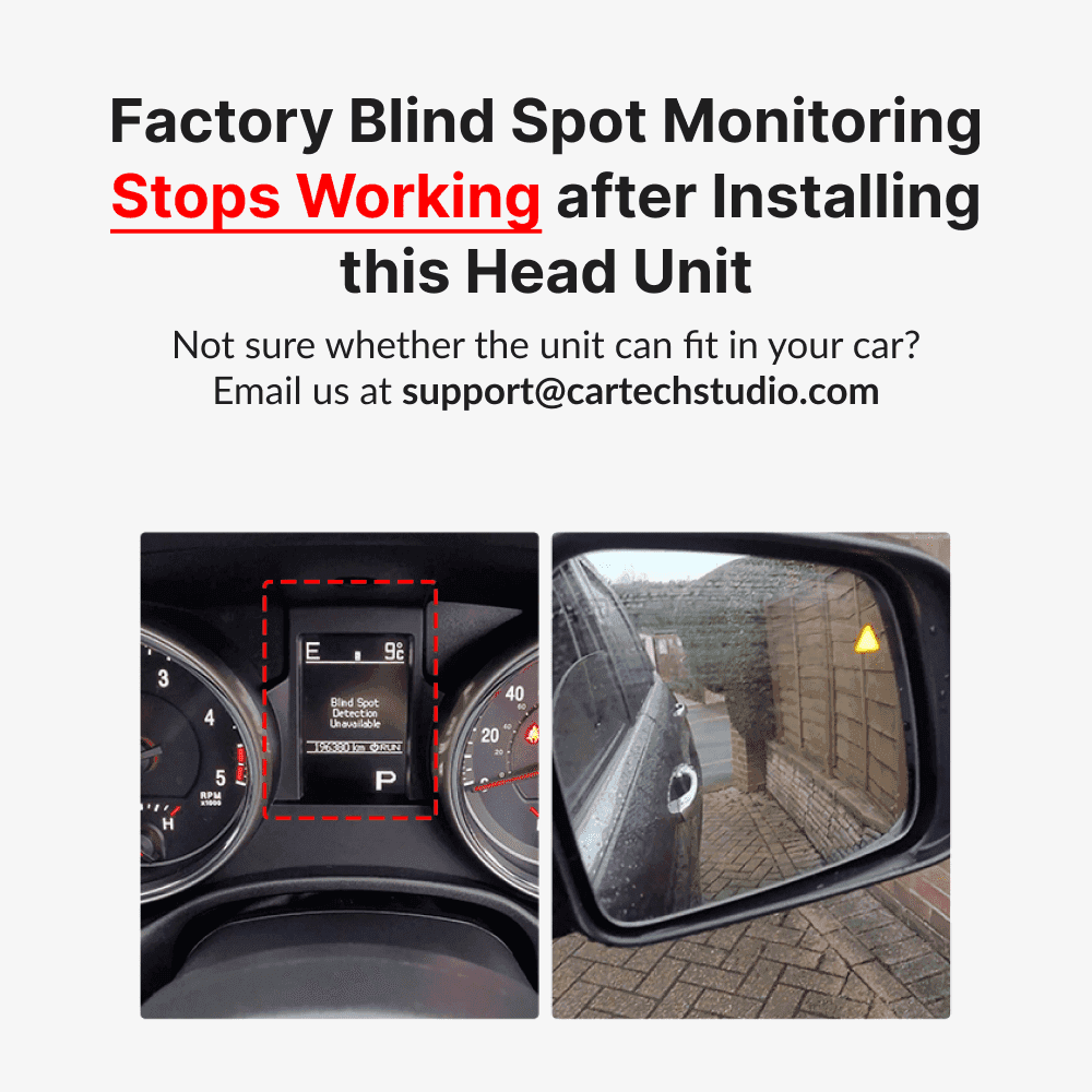Warning that factory blind spot monitoring stops working after installing 9” Android Head Unit in Jeep Grand Cherokee 2011-2013.