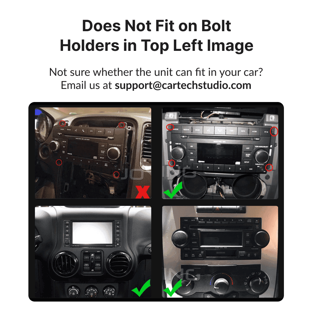 Compatibility guide for Jeep Wrangler 2007-2013 Android Head Unit showing correct and incorrect bolt holder placements.