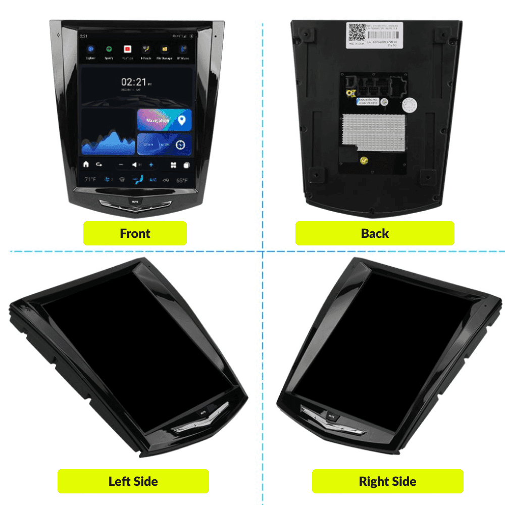 Multiple angle views of Tesla-Style CarPlay screen for Cadillac CTS 2013-2018 including front, back, left, and right side perspectives.