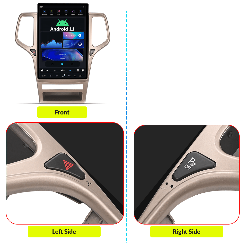 Close-up of Tesla-Style CarPlay screen for Jeep Grand Cherokee 2010-2013 showing front view and side buttons for hazard and parking assist.