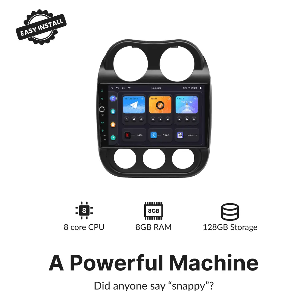 Jeep Compass 2009-2016 Android Head Unit with 8-core CPU, 8GB RAM, and 128GB storage for fast performance and multitasking.