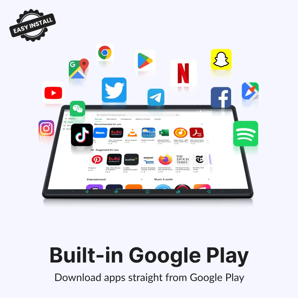 Built-in Google Play on 15.1” Dodge Dakota Android Head Unit enables app downloads like YouTube, Netflix, Spotify, and more for in-car entertainment.