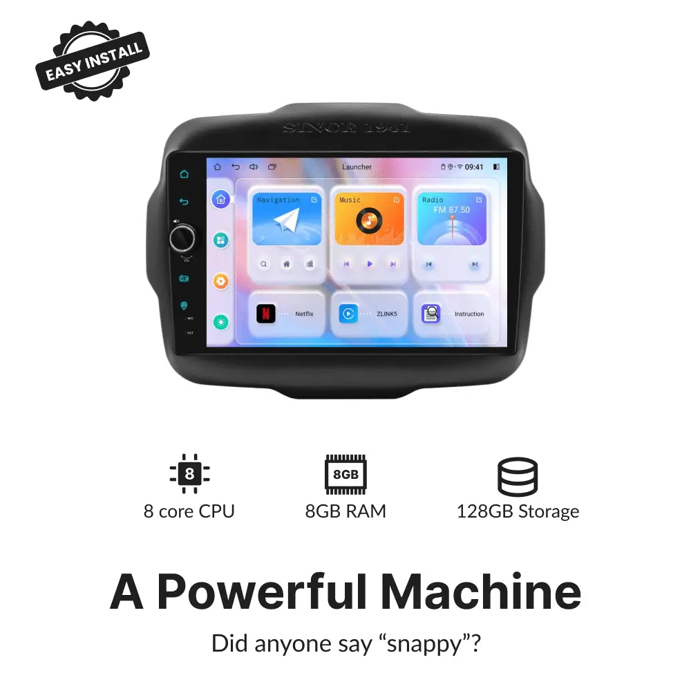 Jeep Renegade 2014-2023 9” Wireless CarPlay Android Head Unit with 8-core CPU, 8GB RAM, and 128GB storage for high-performance multimedia use.