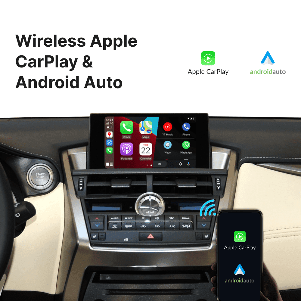 Wireless Apple CarPlay & Android Auto on Lexus NX 2014-2020 OEM screen with smartphone pairing and easy install.