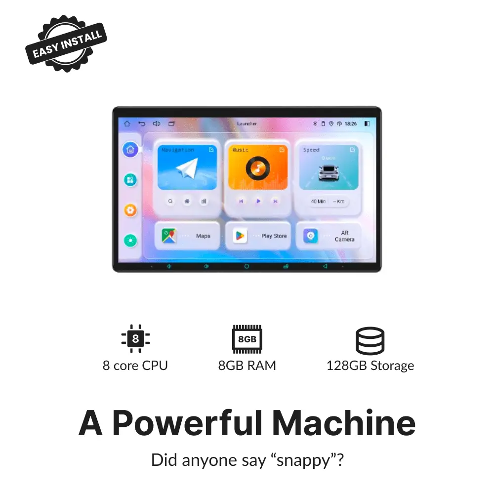 High-performance 11.6” Android Head Unit for Dodge Caliber 2009-2011 with 8-core CPU, 8GB RAM, and 128GB storage for fast operation.