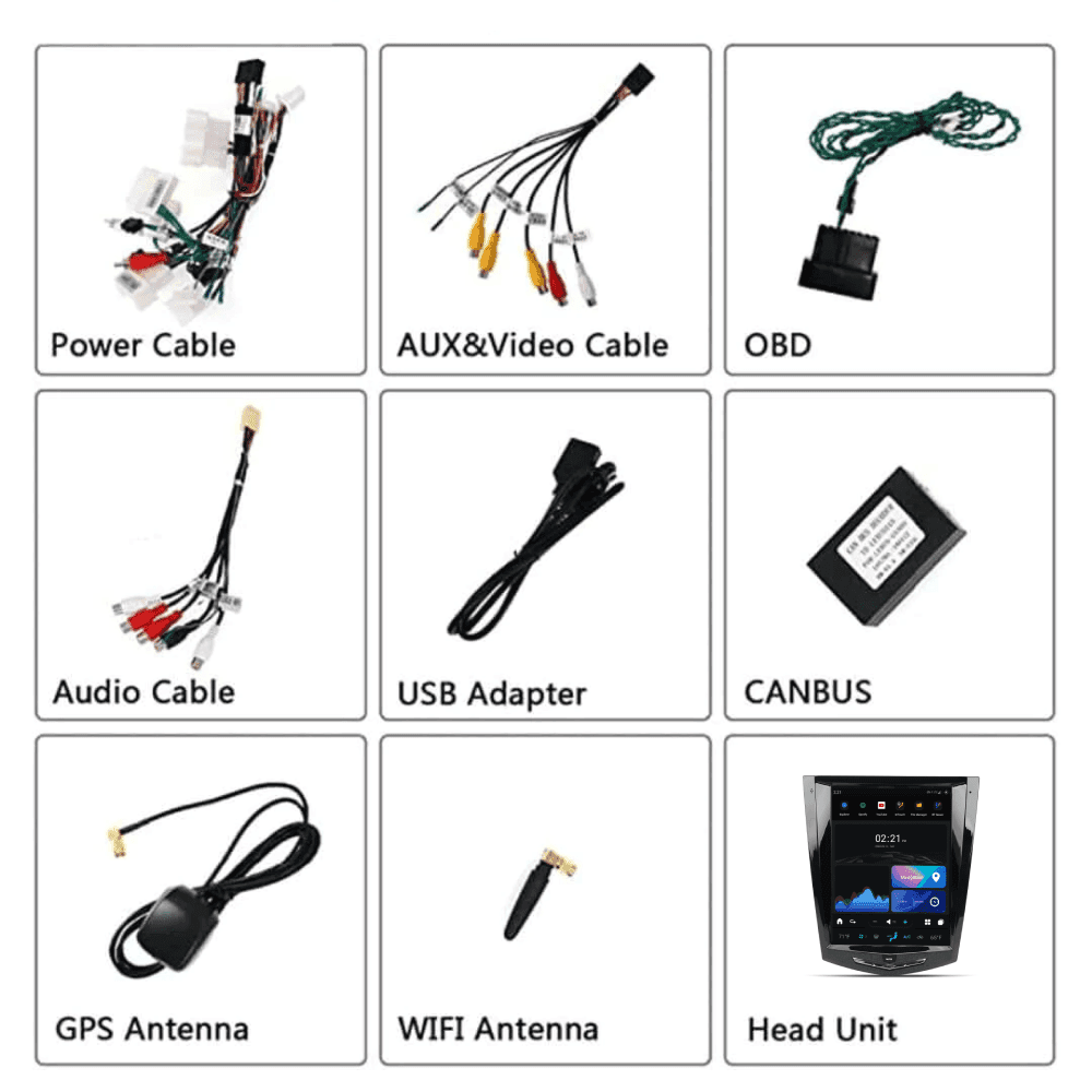 Complete accessory kit for Cadillac CTS 2013-2018 Tesla-Style CarPlay screen including power, audio, video cables, GPS, WiFi antennas, and head unit.