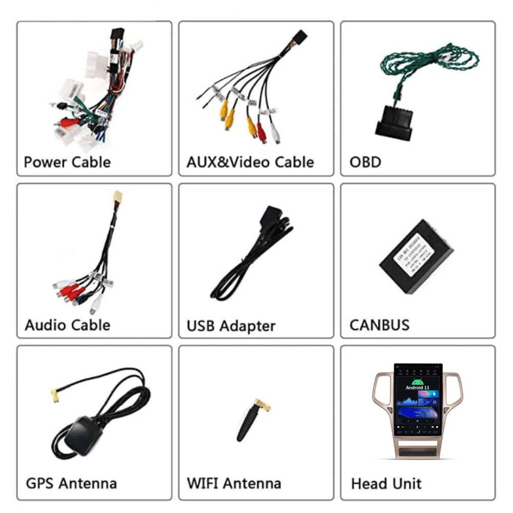 Complete accessory kit for Tesla-Style CarPlay screen for Jeep Grand Cherokee 2010-2013 including power cables, GPS antenna, OBD, and head unit.