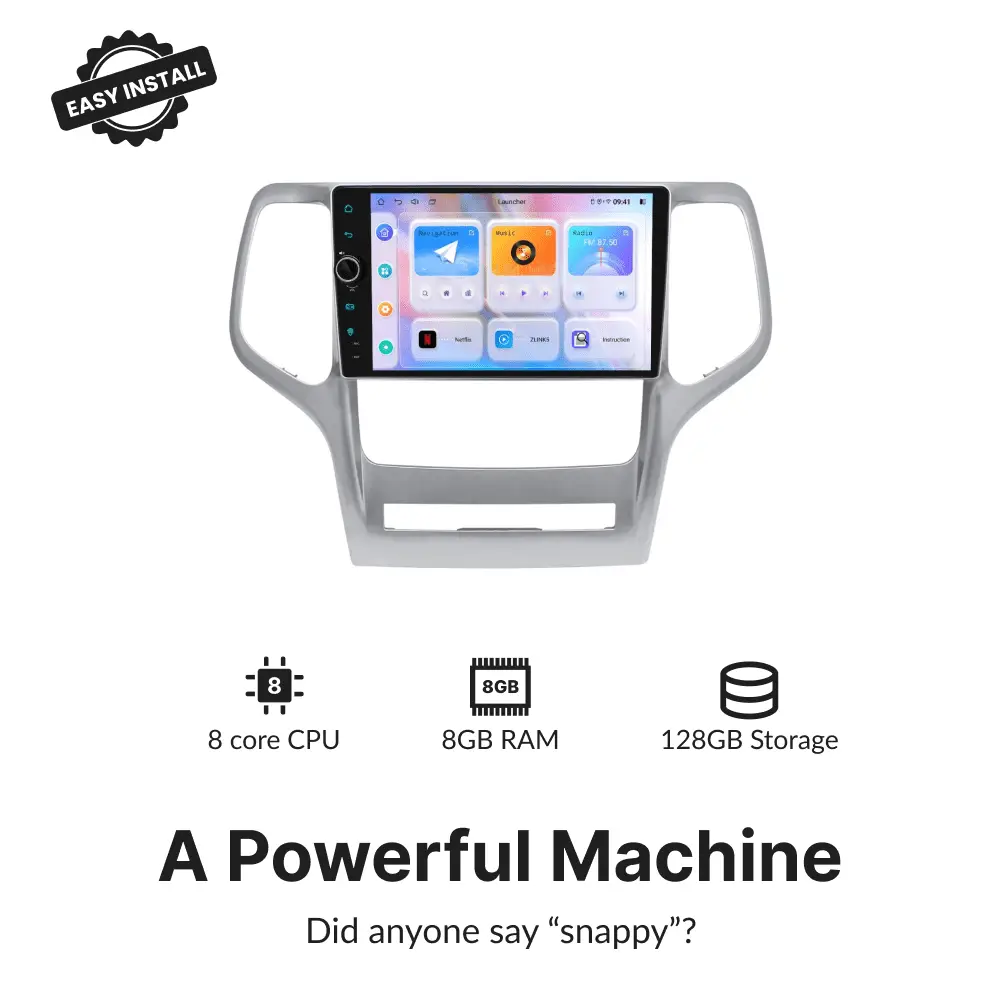 Jeep Grand Cherokee 2011-2013 9” Android Head Unit with 8-core CPU, 8GB RAM, and 128GB storage for fast performance.