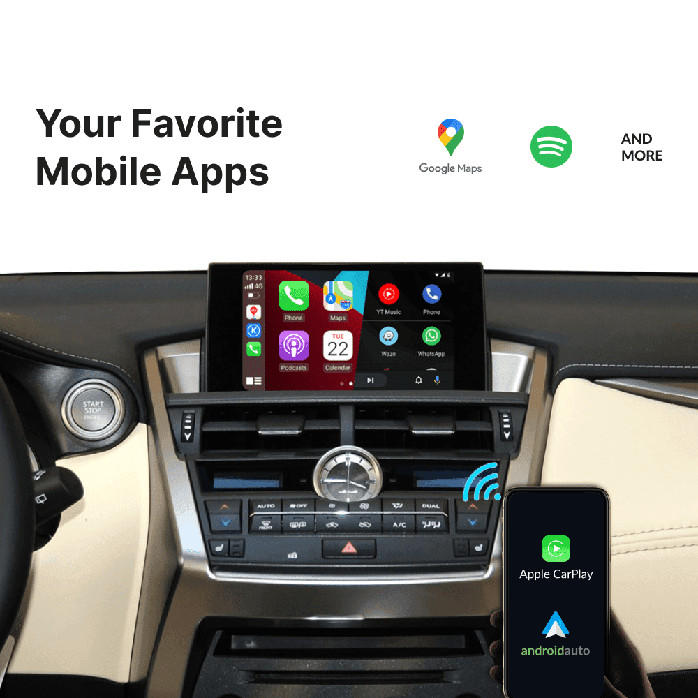 Lexus NX 2014-2020 CarPlay & Android Auto Module supports favorite mobile apps like Google Maps and Spotify.