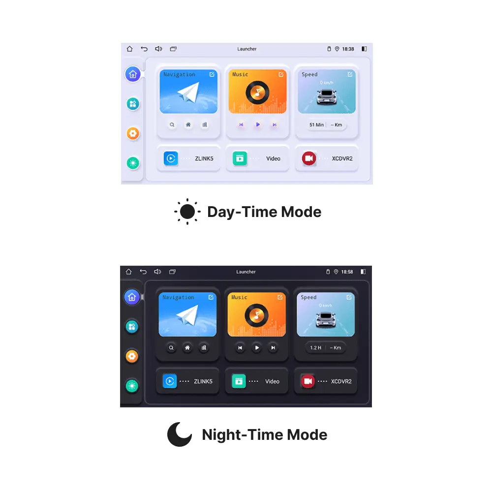 Day and night mode UI display on 10.1” Android head unit for Dodge Dakota 2009-2011, enhancing visibility and driving experience.