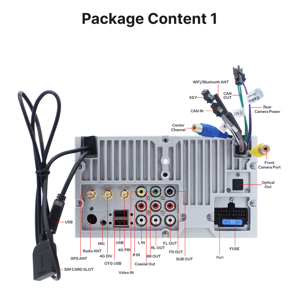 Rear view of 10.1” Android Head Unit Double Din showing all input/output ports including USB, GPS, audio, and camera connections.